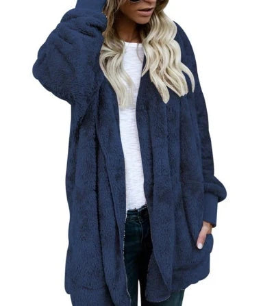 A cozy, plush women's jacket in a variety of colors with a relaxed, oversized fit for easy layering