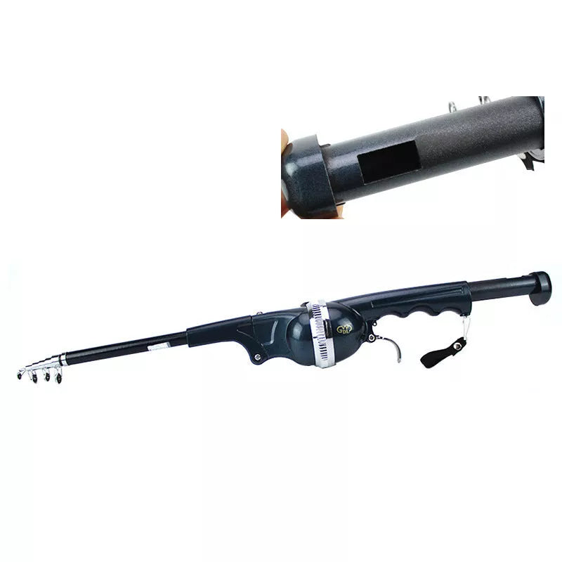 Compact foldable fishing rod with black epoxy construction and built-in reel