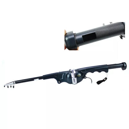 Compact foldable fishing rod with black epoxy construction and built-in reel