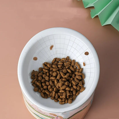 Chinese style ceramic cat bowl set with high legs and double bowl design
