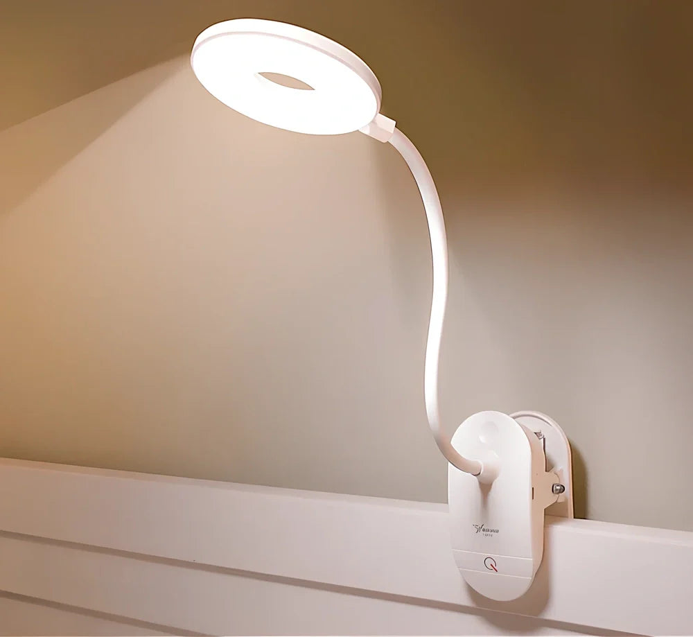 Porcelain white LED clip desk lamp with USB charging, 15cm tall for reading and eye protection