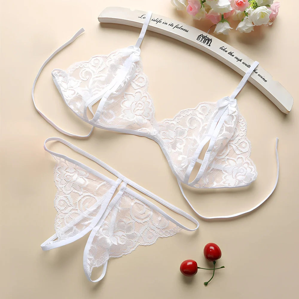 Three-point lingerie set in modal mesh fabric showing black, pink, red, rose red, and white colour options with weight-based sizing