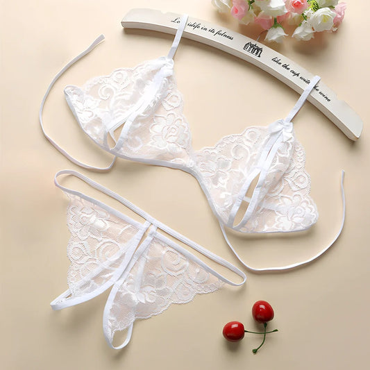 Three-point lingerie set in modal mesh fabric showing black, pink, red, rose red, and white colour options with weight-based sizing