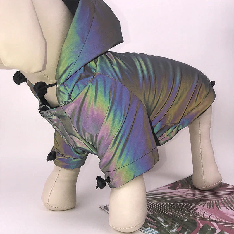 Black reflective dog hoodie with color-changing feature for nighttime visibility
