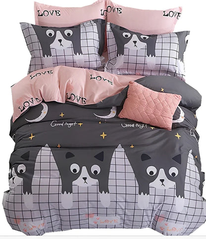 Complete bed linen set with 'Cat' pattern featuring duvet cover, fitted sheet, and pillowcases for UK standard bed sizes