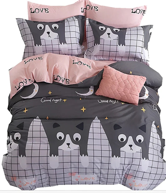 Complete bed linen set with 'Cat' pattern featuring duvet cover, fitted sheet, and pillowcases for UK standard bed sizes