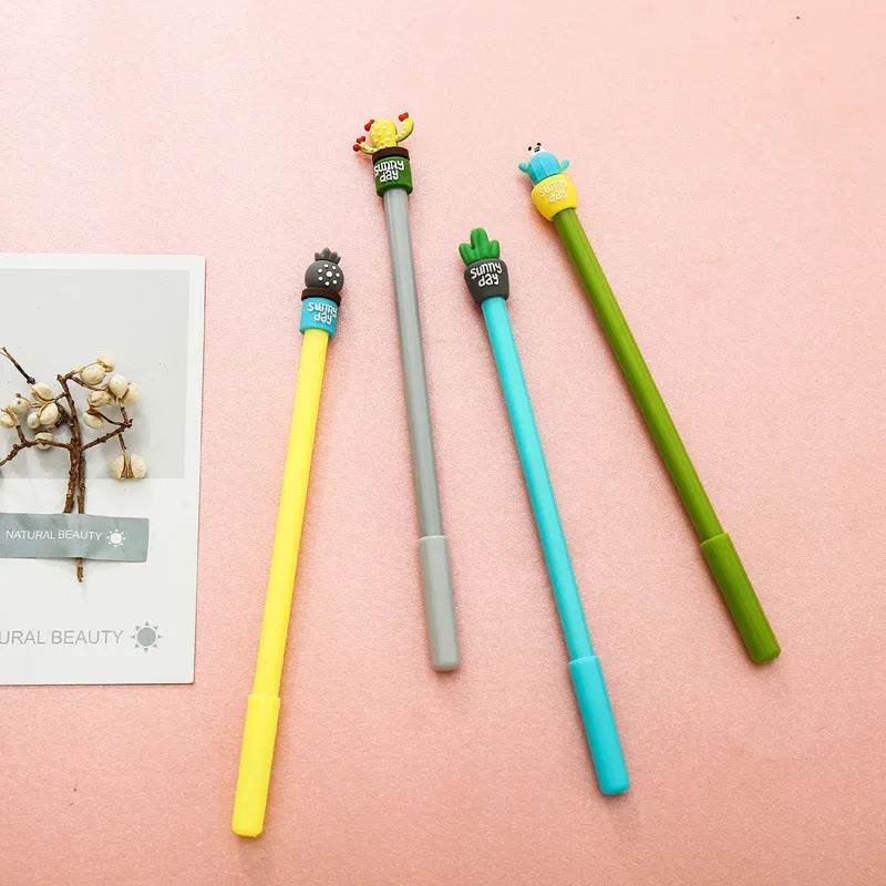 Potted cactus gel pen with silicone pot base, 0.5mm refill, approximately 18.5cm long, shown in Blue or Green.