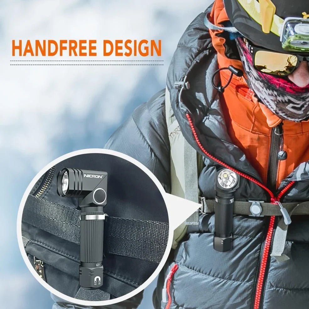 Grey black hands-free LED flashlight with magnetic base and rotary clip for mounting