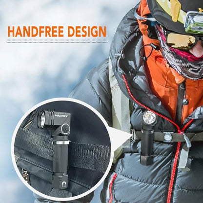 Grey black hands-free LED flashlight with magnetic base and rotary clip for mounting