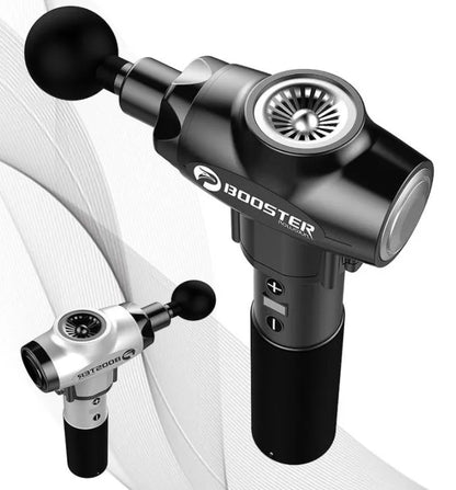 Black and white percussion massage gun with deep 12mm stroke on a gym towel.