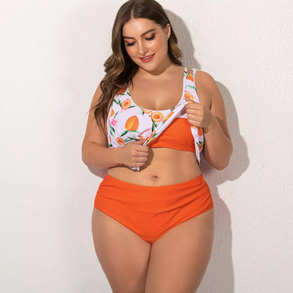 Plus size split swimsuit for women in various colors and patterns, chlorine-resistant fabric