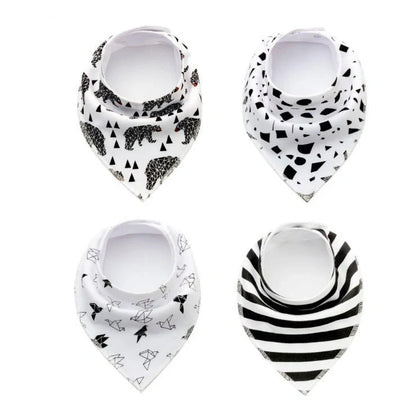 Stylish baby bibs and burp cloths featuring trendy arrow, wave, and triangle designs in soft, absorbent cotton