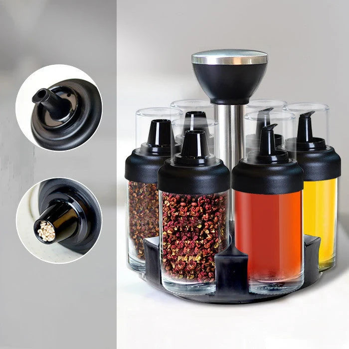 Glass rotating seasoning box set with anti-leakage design on kitchen counter