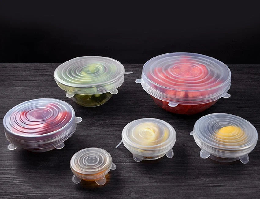 6-piece stretch silicone cookware lid covers in random colors, BPA free and heat resistant