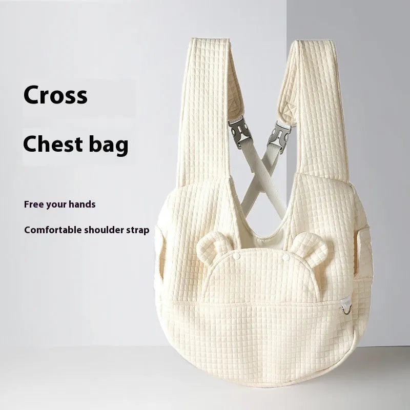Pet diaper bag cross chest backpack simple square plaid quilted air layer design soft material universal for dogs and cats within 12 Jin measuring 38cm by 14cm by 41cm in grey or white bear colour options