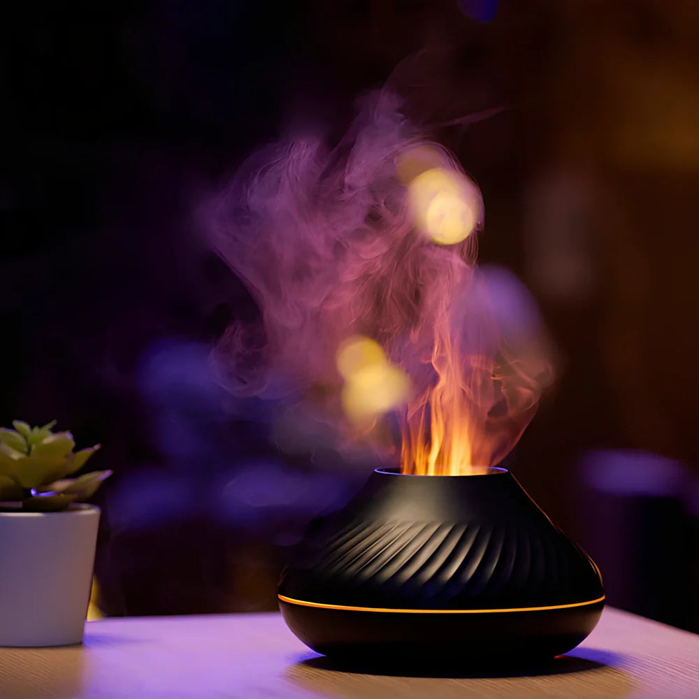 Black RGB flame aroma diffuser with colourful lighting effects and water mist emission
