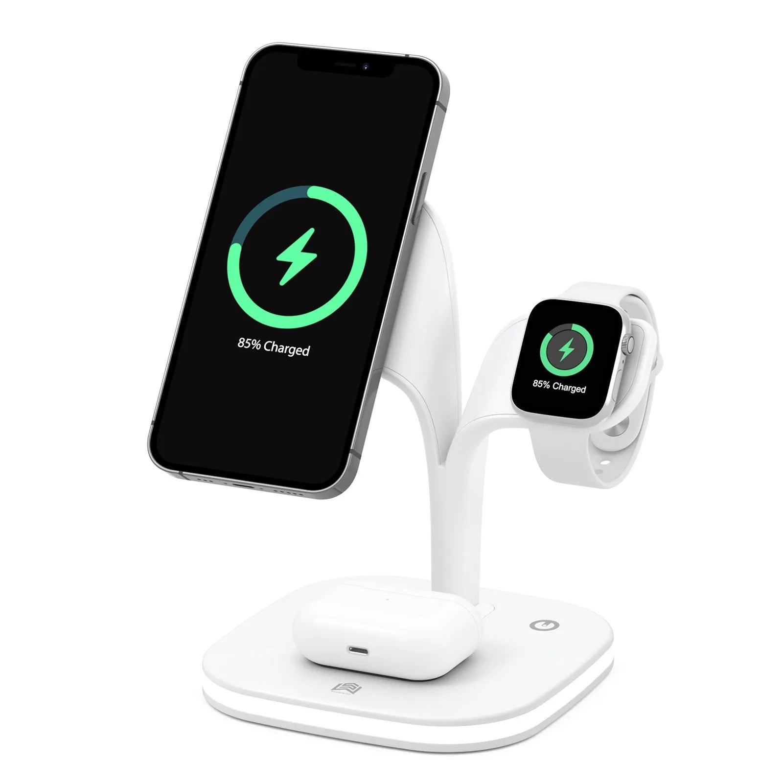 Black desktop wireless charging stand showing phone, smartwatch and headphone charging simultaneously