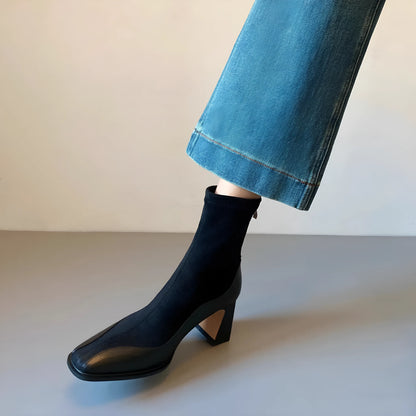 Women's retro suede short boots with chunky 6-8cm heel, square toe, back zipper, in brown or black
