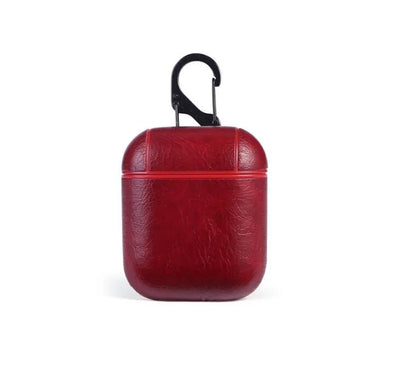Genuine leather AirPods protective case in black with visible charging cable storage pocket