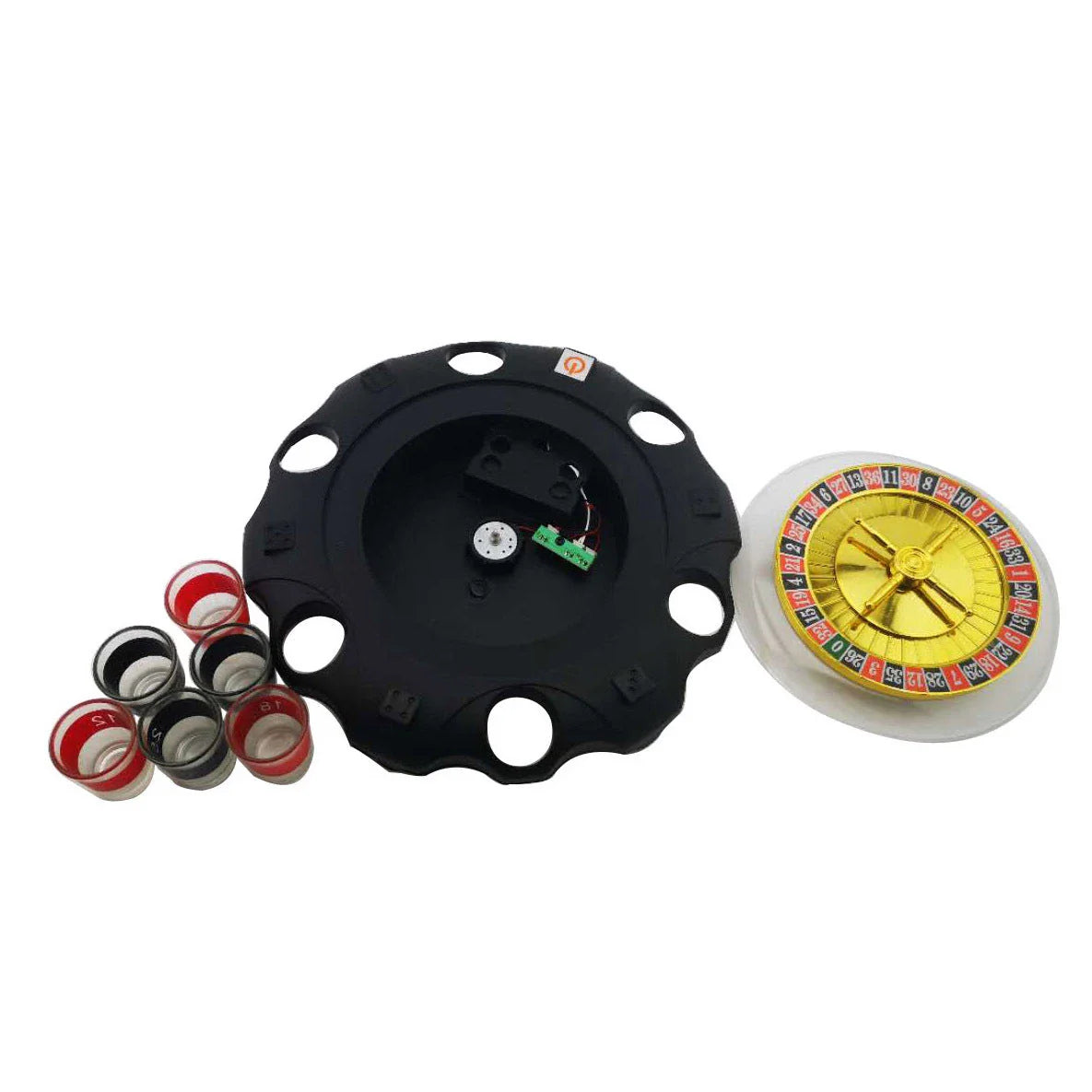 Electric casino-style roulette drinking game set with spinning wheel, shot glasses, and steel balls