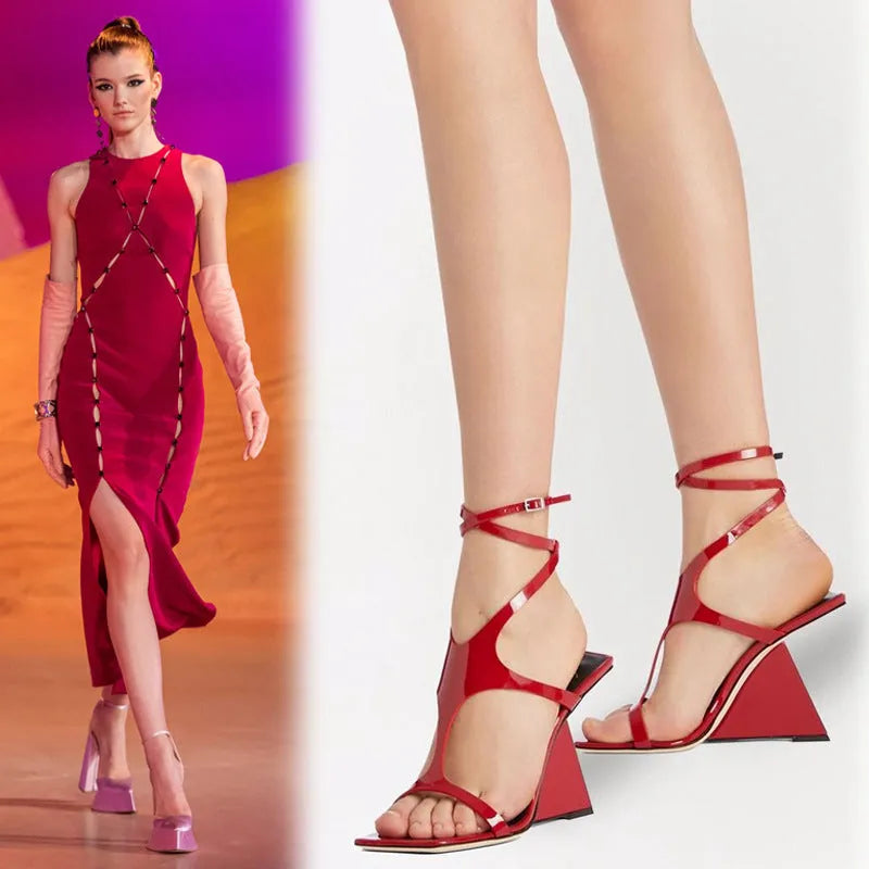 Women's black high heel sandals with a square toe and ankle buckle on a 9.5cm heel.