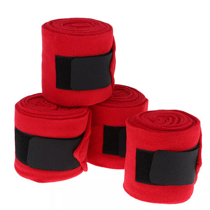 Polar fleece horse leg wraps in blue, grey, black, and red for leg support and protection