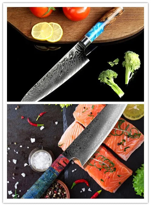 Kitchen knife set with 8 blades including chef knife and meat cutter plus separate Damascus and high carbon steel chef knives