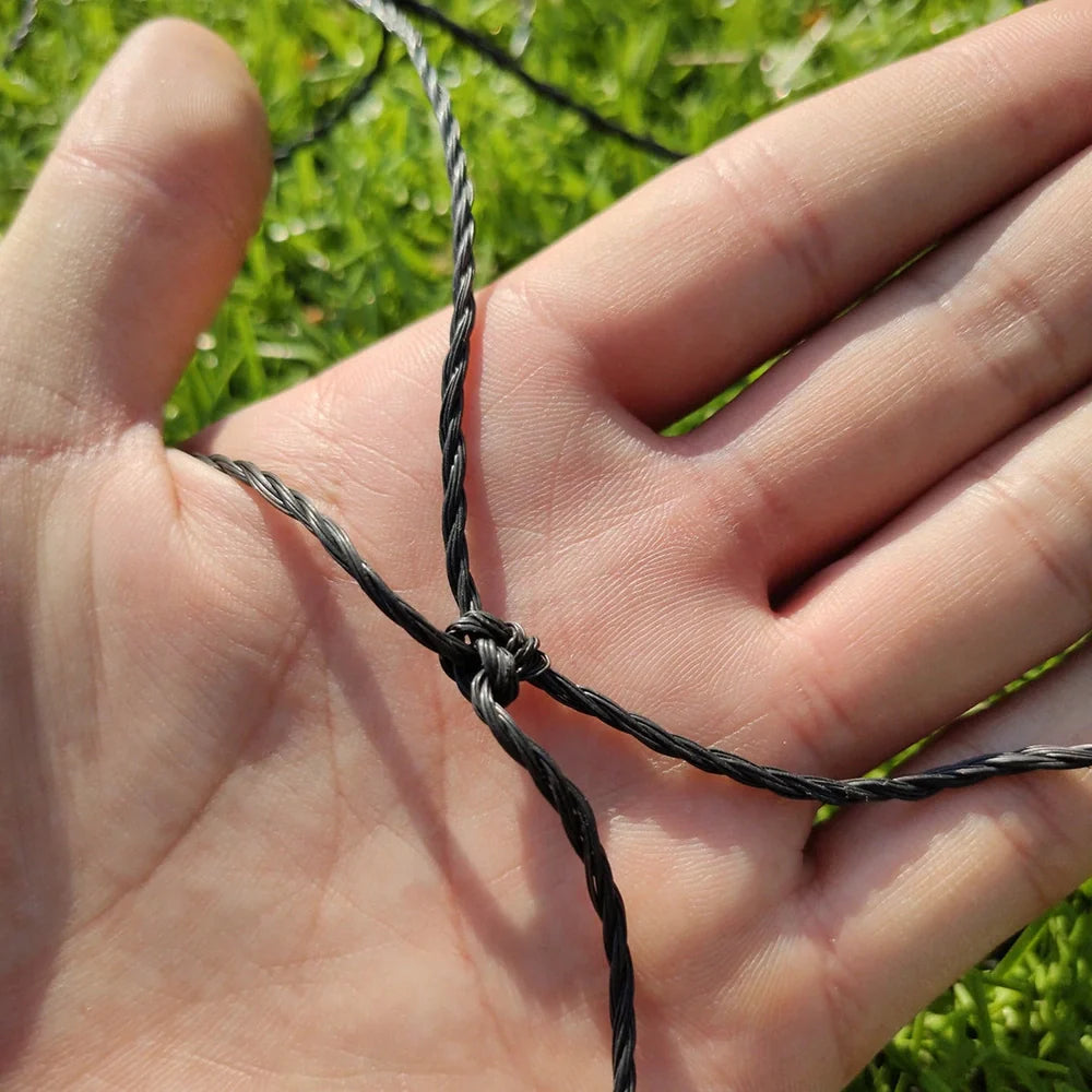 Black polyethylene volleyball net with four sides standard construction showing rope thickness detail