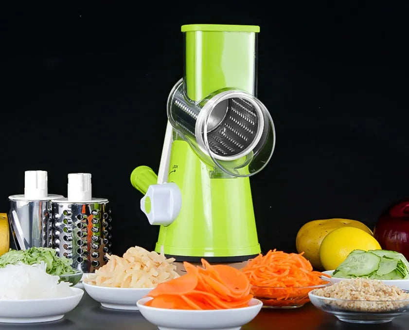Blue multifunctional manual vegetable cutter with stainless steel blades for slicing potatoes and cheese.