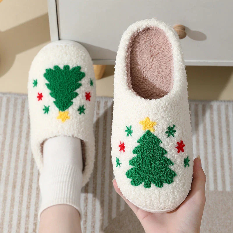 Cozy Christmas slippers in festive designs of Santa Claus, Moose, and Gingerbread Man
