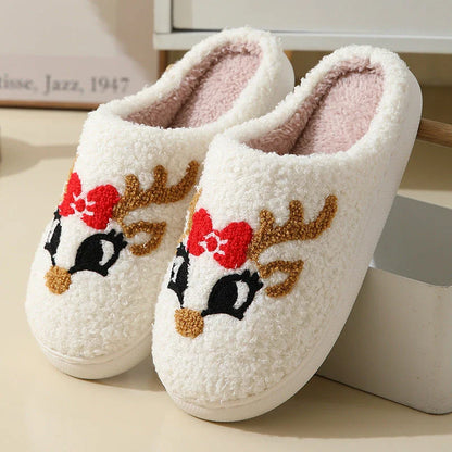 Cozy Christmas slippers in festive designs of Santa Claus, Moose, and Gingerbread Man