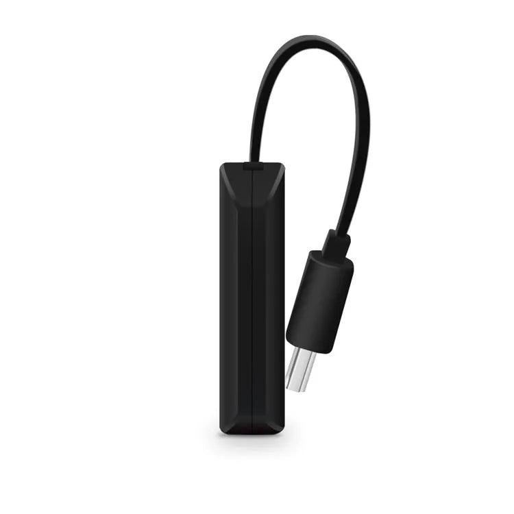 Black USB HD TV screen mirroring dongle with HDMI connector for 1080p smartphone streaming.
