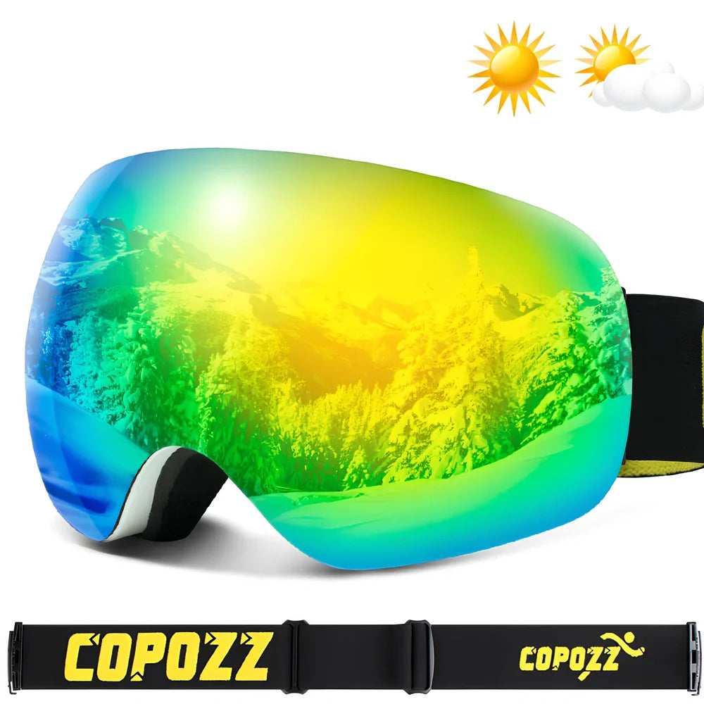 Adult borderless ski goggles in black frame with silver anti-fog lens, double-layer PC+TPU for UV and wind protection