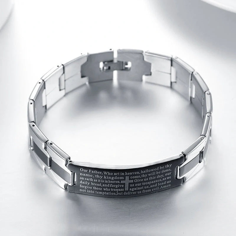 Men's cross stainless steel bracelet with geometric design, silver color