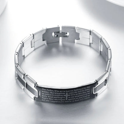 Men's cross stainless steel bracelet with geometric design, silver color