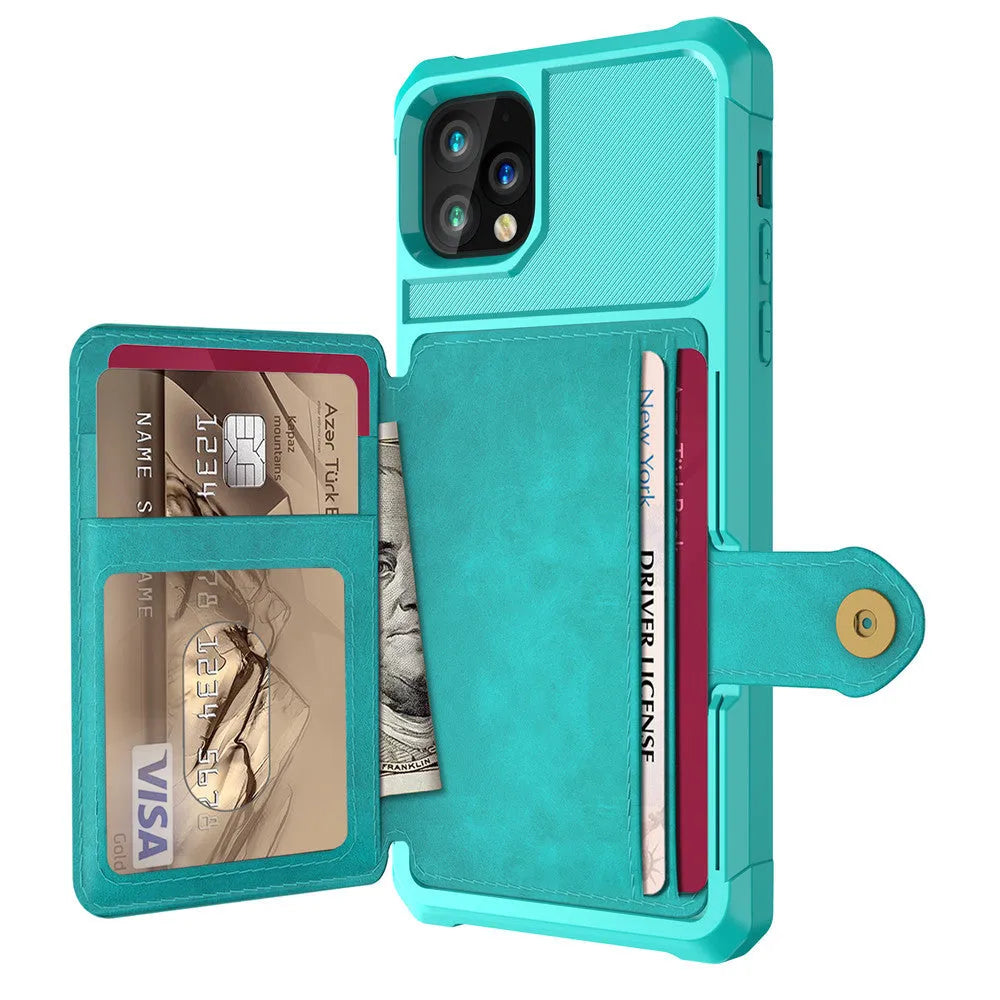 Imitation leather card wallet iPhone case back cover in black, blue, green, pink, or red.