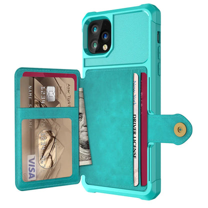 Imitation leather card wallet iPhone case back cover in black, blue, green, pink, or red.