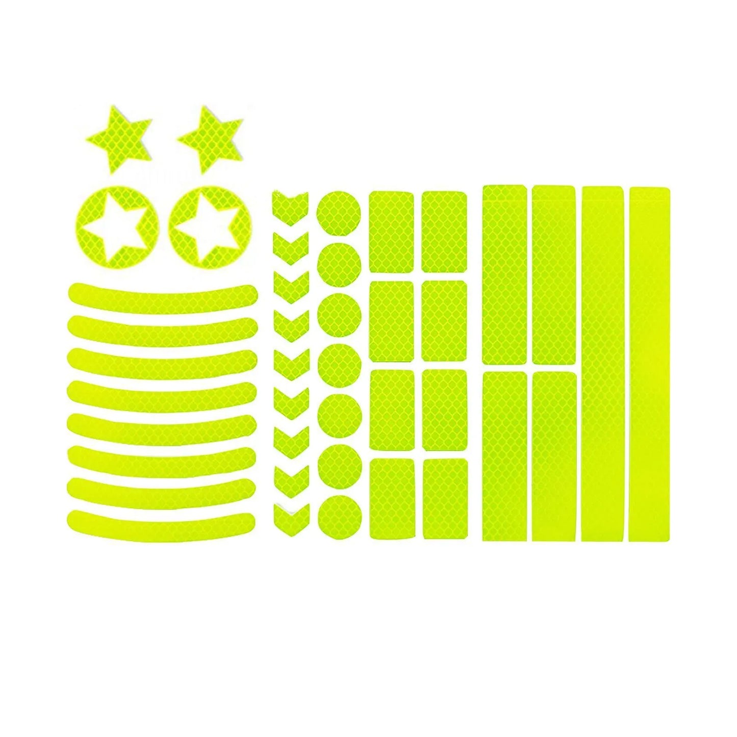Geometric grid pattern reflective safety tape for bicycles in blue, red, white, and fluorescent yellow.
