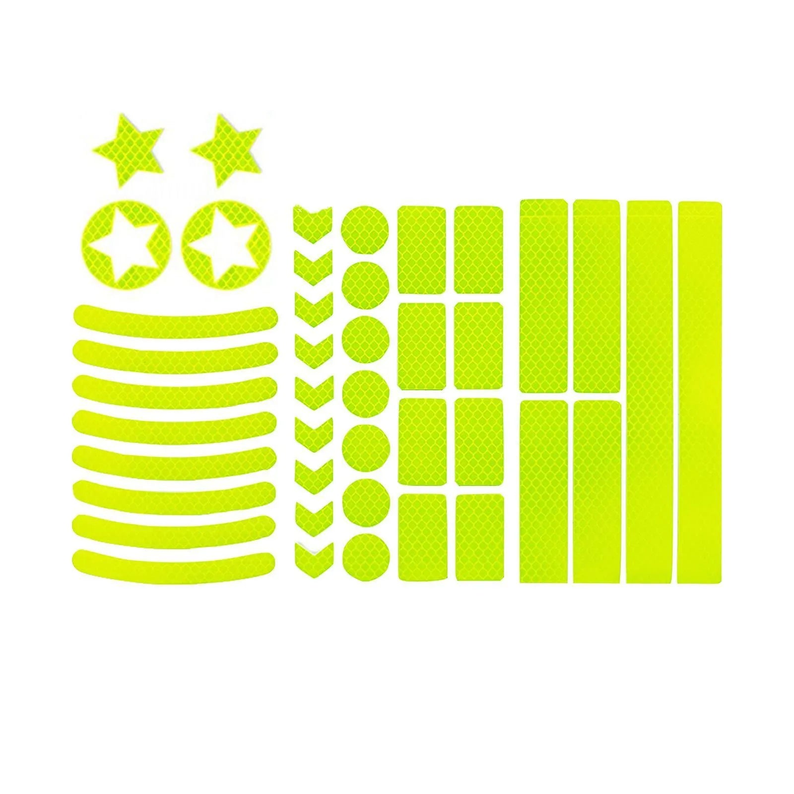 Geometric grid pattern reflective safety tape for bicycles in blue, red, white, and fluorescent yellow.