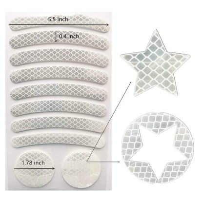 Geometric grid pattern reflective safety tape for bicycles in blue, red, white, and fluorescent yellow.
