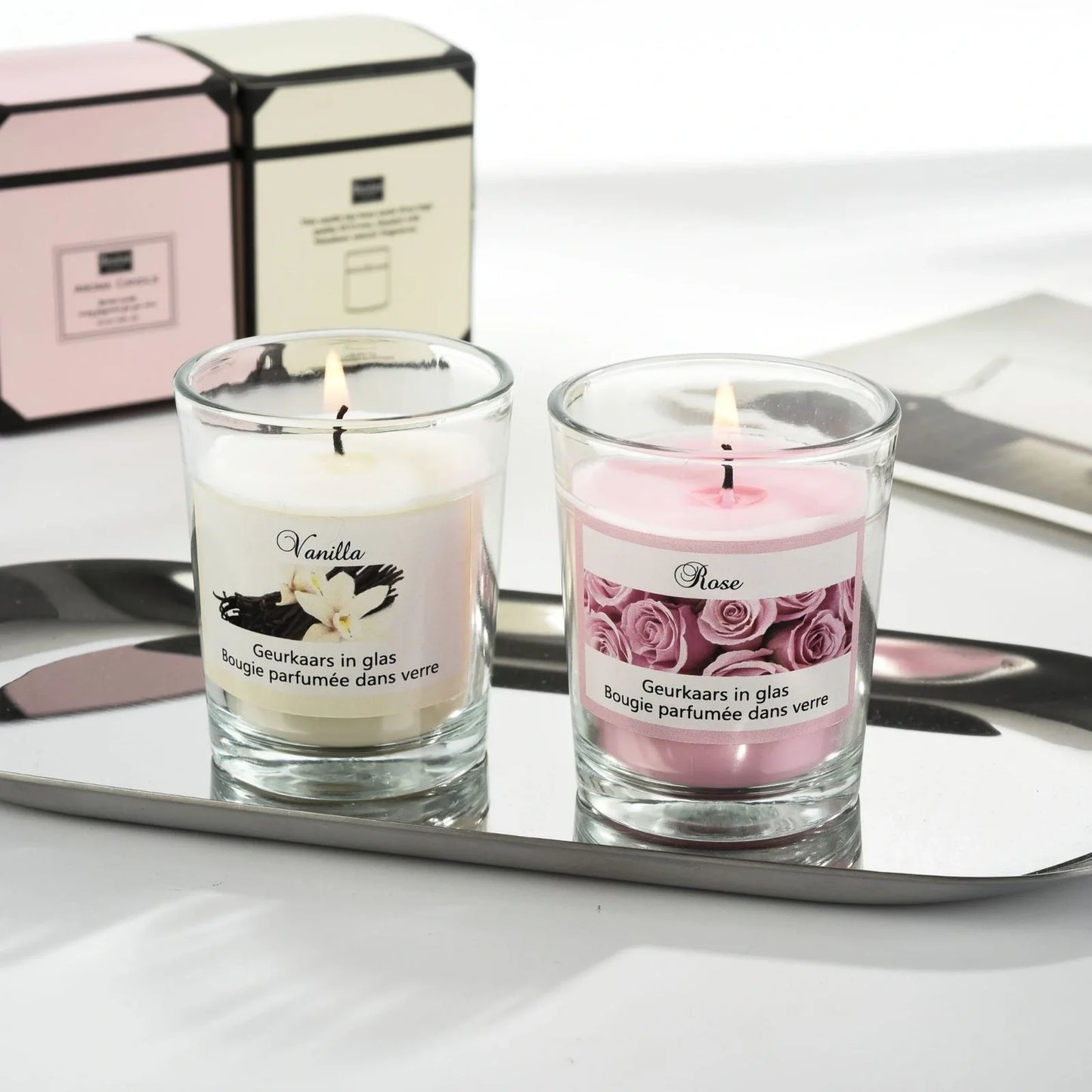 Handmade soy wax plant candle in transparent 5x6cm glass cup with romantic fragrance