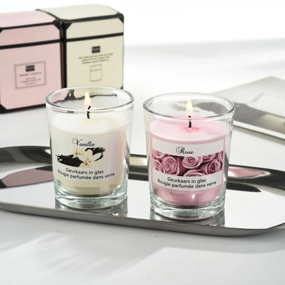 Handmade soy wax plant candle in transparent 5x6cm glass cup with romantic fragrance