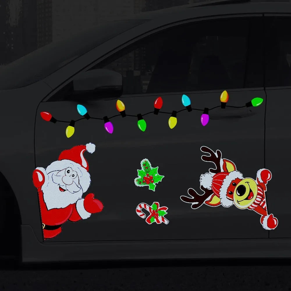 Medium-sized cartoon Christmas elk reflective magnetic sticker on a metallic surface.