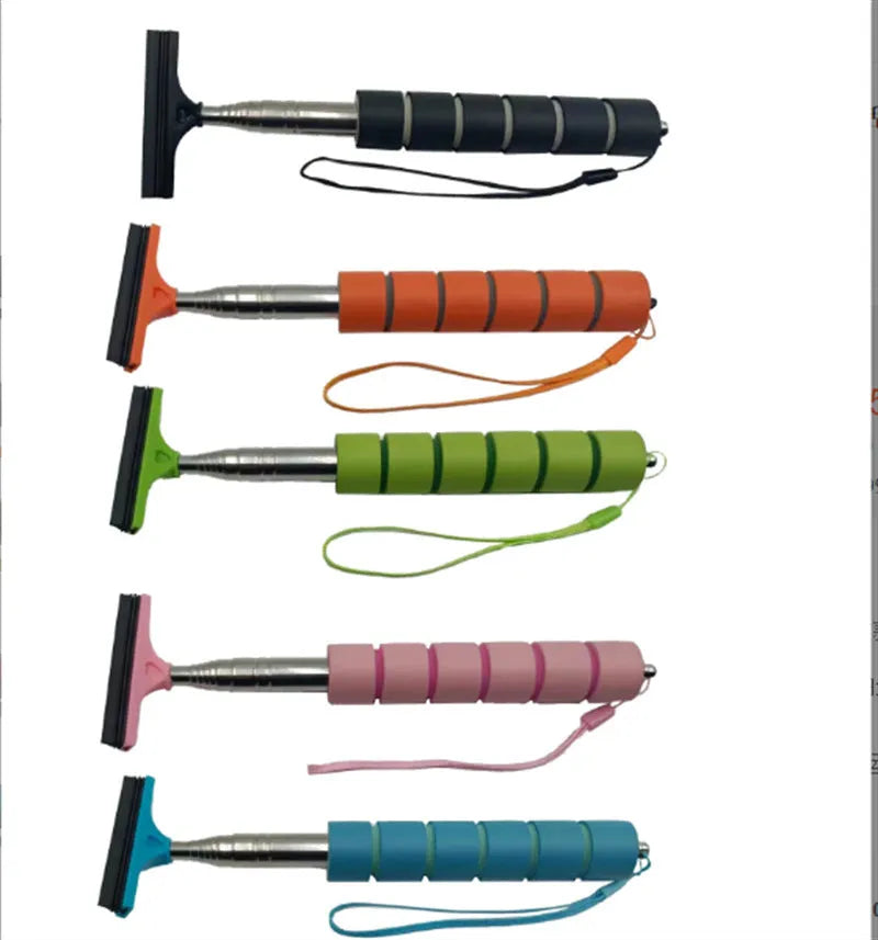 Retractable stainless steel car mirror wiper with rubber blade in black, extended to show length.