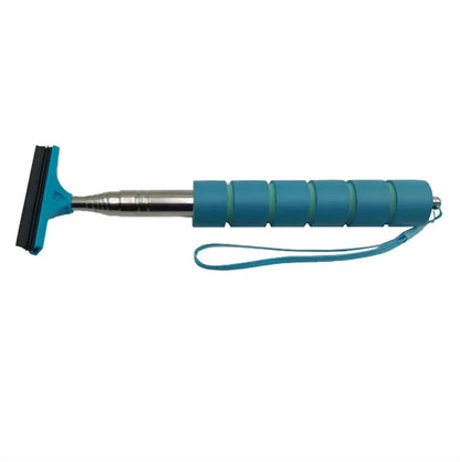 Retractable stainless steel car mirror wiper with rubber blade in black, extended to show length.