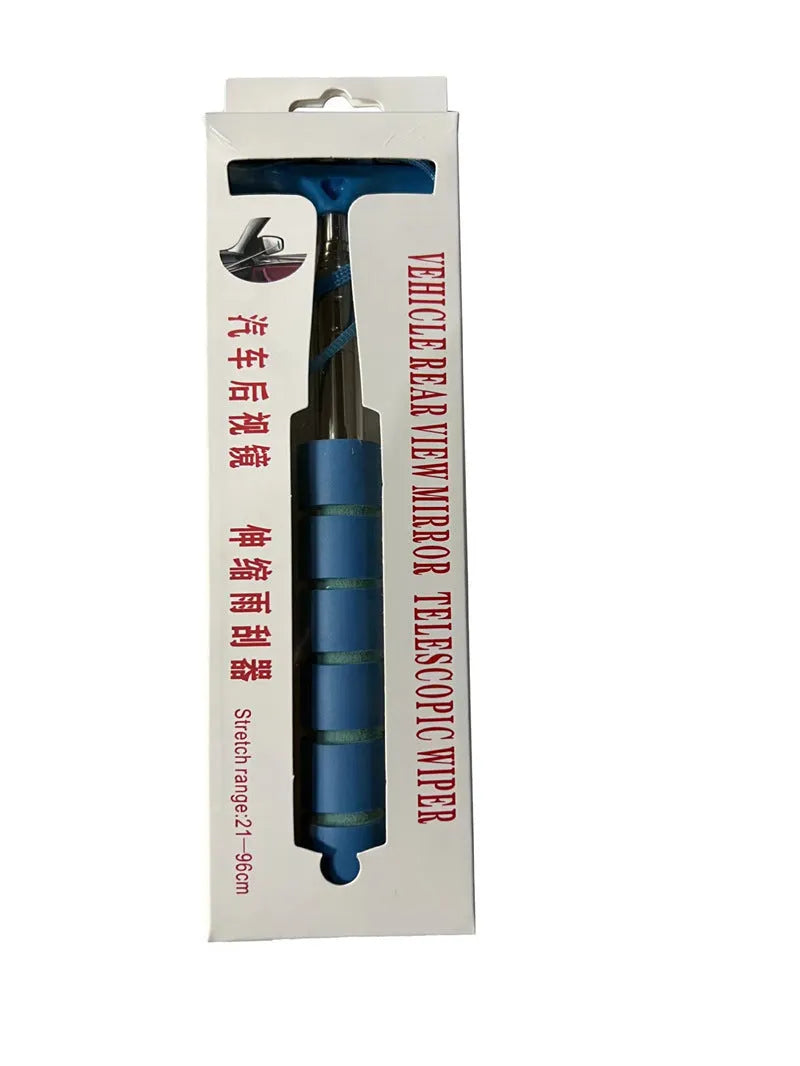 Retractable stainless steel car mirror wiper with rubber blade in black, extended to show length.