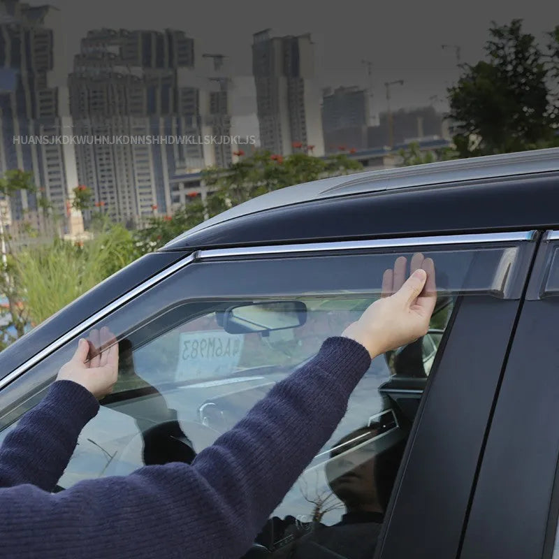 Mitsubishi Outlander window deflector set for the 2023 model exterior modification made from engineering plastic in translucent or black finish available in 4-piece, 6-piece, and rearview mirror guard configurations for rain protection and ventilation
