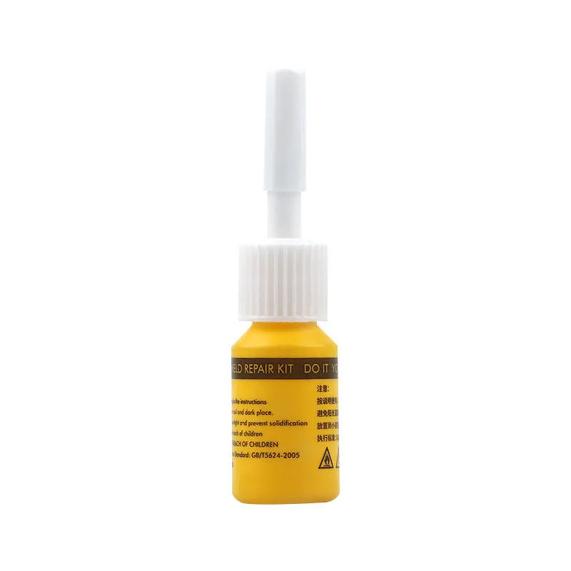 Yellow three-piece car windscreen repair agent tool set with UV glass repair liquid