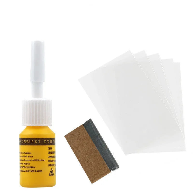 Yellow three-piece car windscreen repair agent tool set with UV glass repair liquid