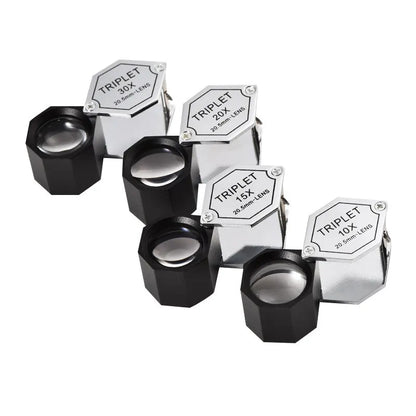 Handheld metal and optical glass magnifying glass for jewellery, stamp, and coin identification with 10x to 30x magnification.